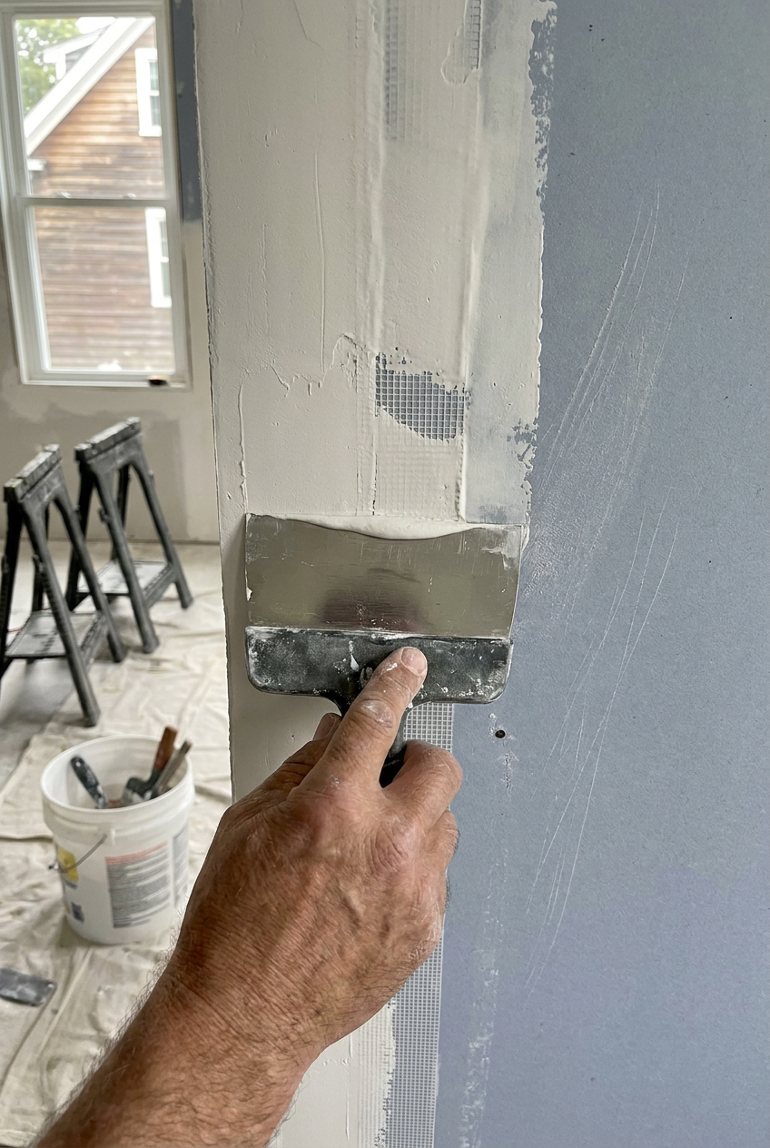 Drywall compound being smoothed over a seam